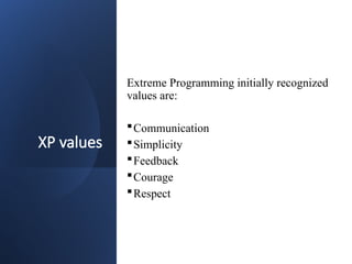 XP values
Extreme Programming initially recognized
values are:
Communication
Simplicity
Feedback
Courage
Respect
 