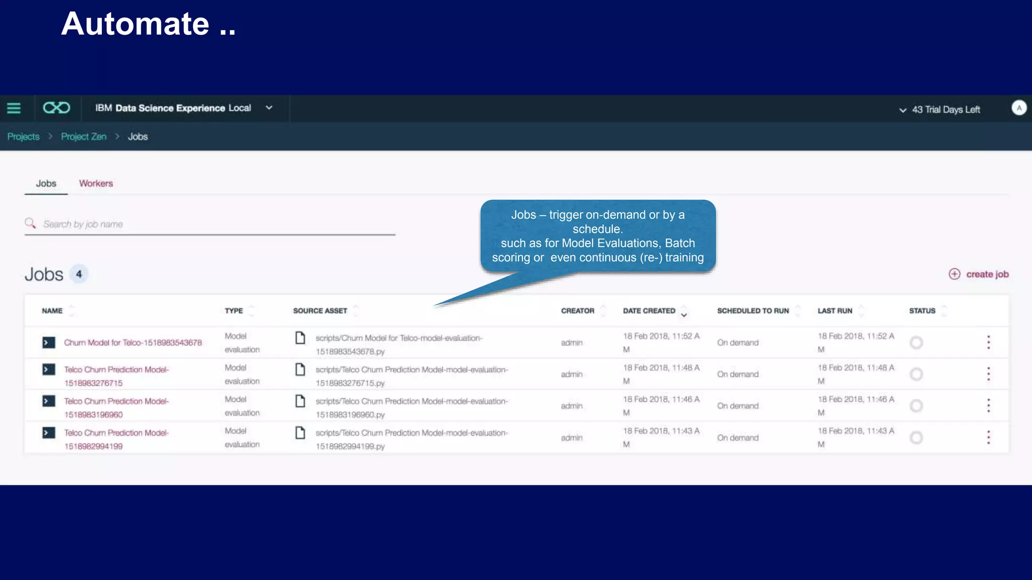 Automate .. Jobs – trigger on-demand or by a schedule. such as for Model Evaluations, Batch scoring or even continuous (re-) training 