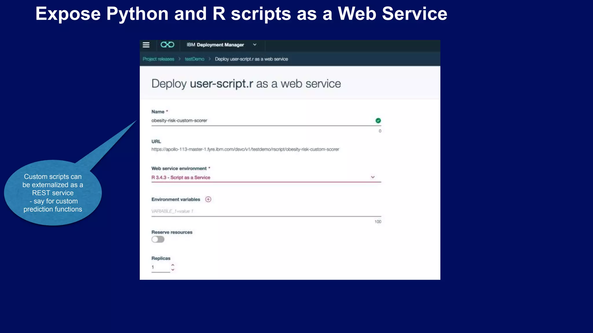 Expose Python and R scripts as a Web Service Custom scripts can be externalized as a REST service - say for custom prediction functions 