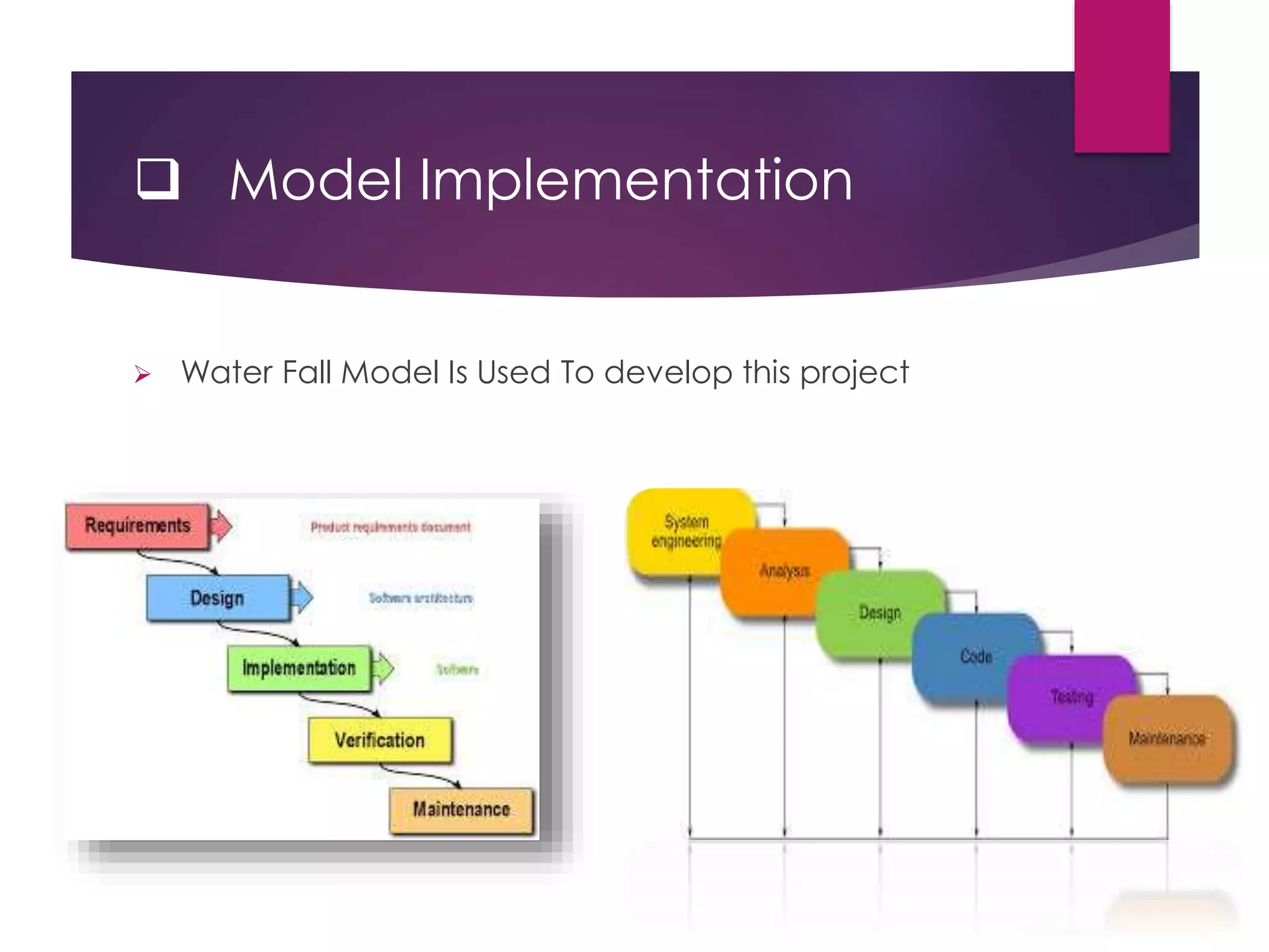  Model Implementation
 Water Fall Model Is Used To develop this project
 