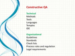 Constructive QA
Technical
Methods
Tools
Languages
Temples
IDE
Organizational
Guidelines
Standards
Check lists
Process rules and regulation
Legal requirements
 
