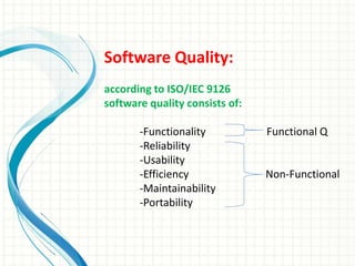 Software Quality:
according to ISO/IEC 9126
software quality consists of:
-Functionality Functional Q
-Reliability
-Usability
-Efficiency Non-Functional
-Maintainability
-Portability
 