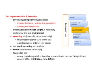 Test Implementation & Execution
– developing and prioritizing test cases
• creating test data , writing test procedure
• creating test sequences
– creating test automation scripts, if necessary
– configuring the test environment
– executing test(manually or automatically)
• follow test sequence state in the test
plan(test suites, order of test cases)
– test result recording and analysis
– Retest (after defect correction)
– Regression test
• ensure that changes (after installing a new release, or error fixing) did not
uncover other or introduce new defects.
TestControlling
Test Plan
Test Analysis and
Test Design
Test Implementation
and Test Execution
Evaluating Exit
Criteria and
Reporting
Test Closure
Activities
 