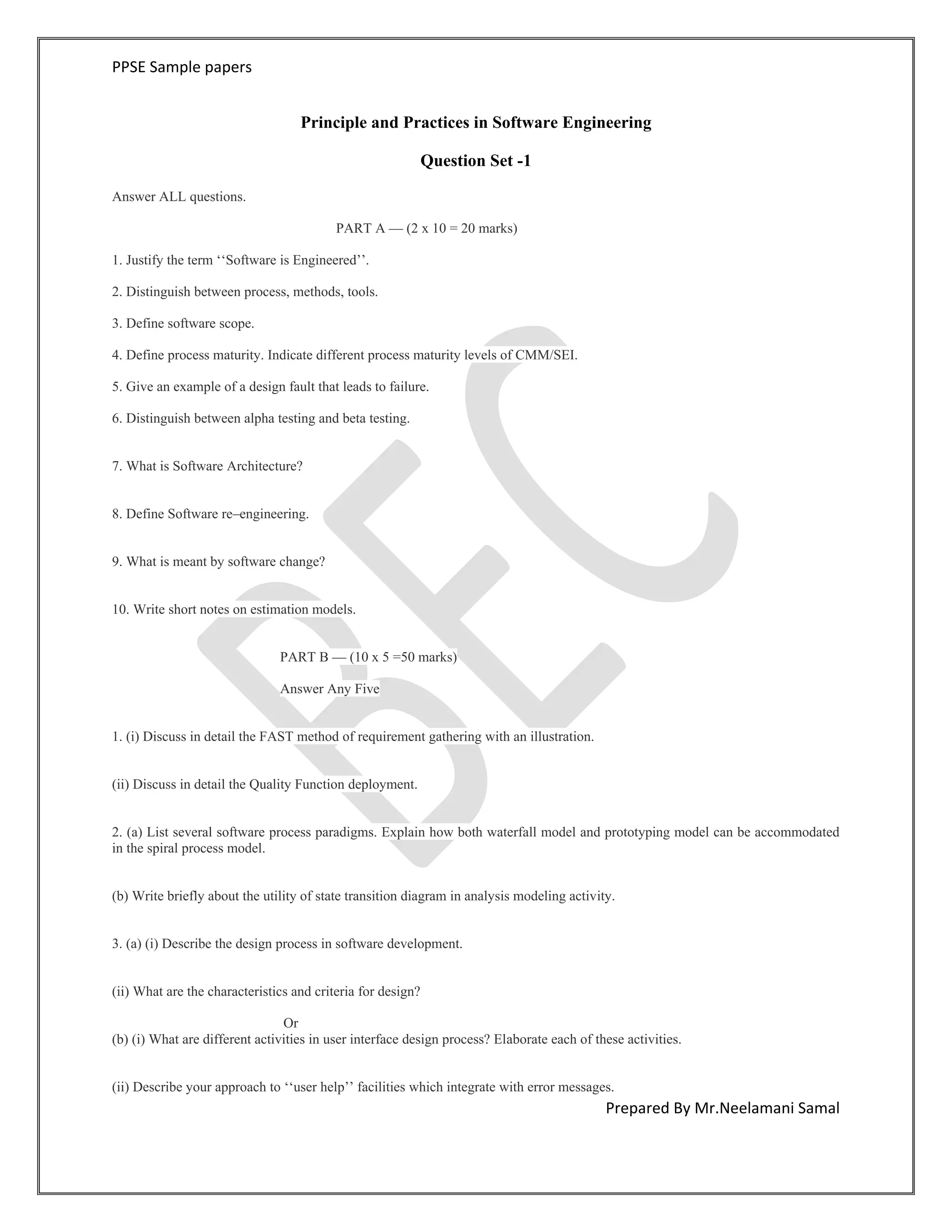 Software Engineering Sample Question paper for 2012 | PDF