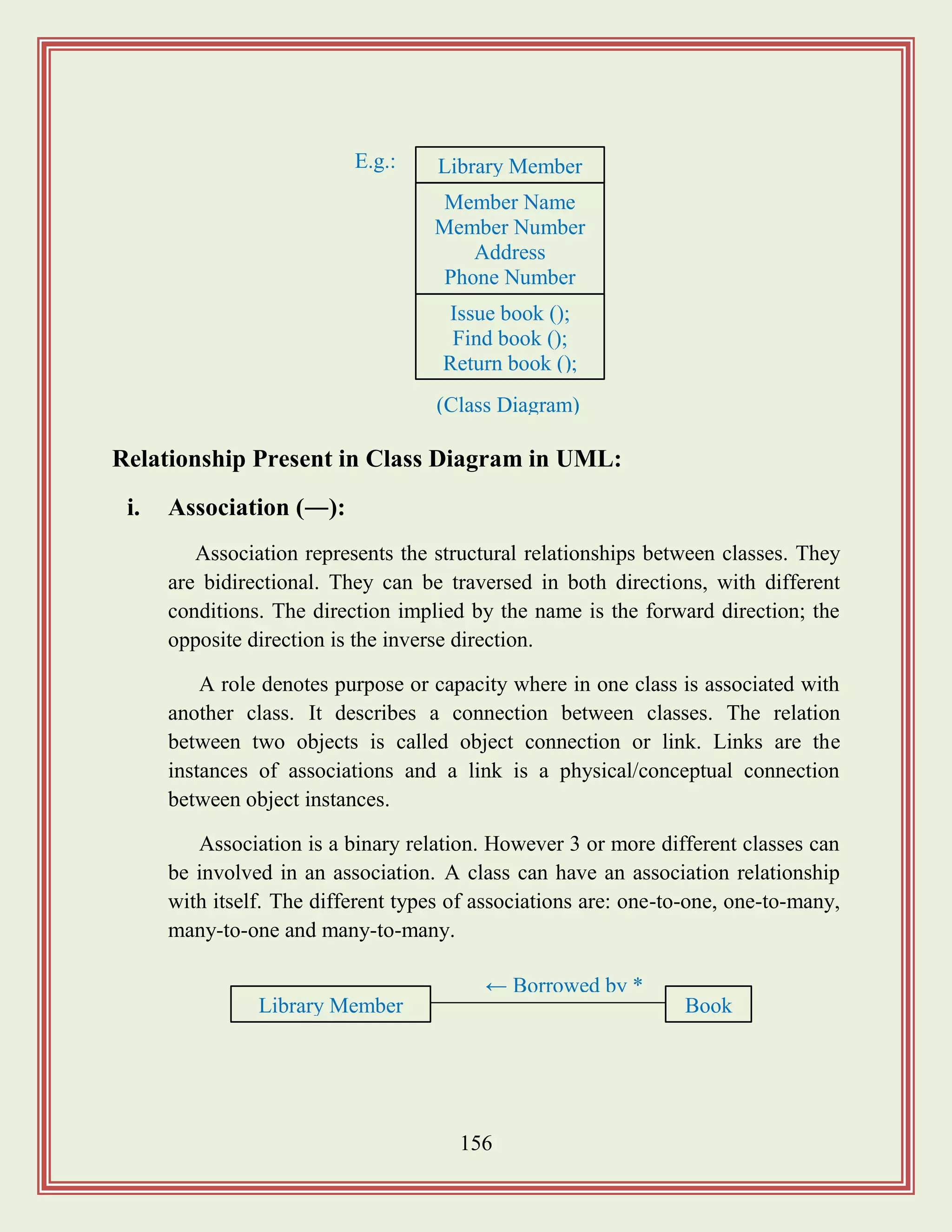 156
Relationship Present in Class Diagram in UML:
i. Association (―):
Association represents the structural relationships between classes. They
are bidirectional. They can be traversed in both directions, with different
conditions. The direction implied by the name is the forward direction; the
opposite direction is the inverse direction.
A role denotes purpose or capacity where in one class is associated with
another class. It describes a connection between classes. The relation
between two objects is called object connection or link. Links are the
instances of associations and a link is a physical/conceptual connection
between object instances.
Association is a binary relation. However 3 or more different classes can
be involved in an association. A class can have an association relationship
with itself. The different types of associations are: one-to-one, one-to-many,
many-to-one and many-to-many.
Library Member
(Class Diagram)
E.g.:
Member Name
Member Number
Address
Phone Number
Issue book ();
Find book ();
Return book ();
← Borrowed by *
BookLibrary Member
 