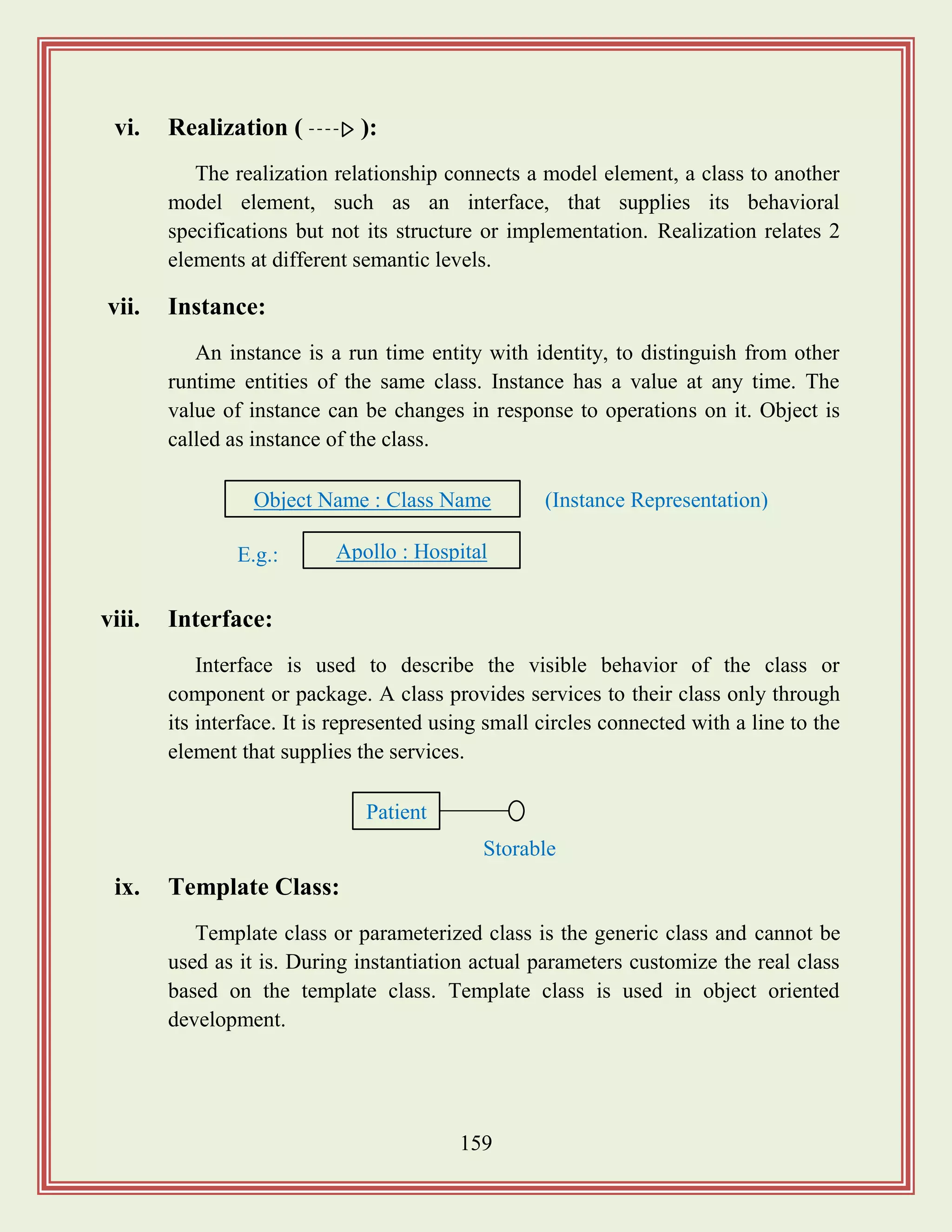159
vi. Realization ( ):
The realization relationship connects a model element, a class to another
model element, such as an interface, that supplies its behavioral
specifications but not its structure or implementation. Realization relates 2
elements at different semantic levels.
vii. Instance:
An instance is a run time entity with identity, to distinguish from other
runtime entities of the same class. Instance has a value at any time. The
value of instance can be changes in response to operations on it. Object is
called as instance of the class.
viii. Interface:
Interface is used to describe the visible behavior of the class or
component or package. A class provides services to their class only through
its interface. It is represented using small circles connected with a line to the
element that supplies the services.
ix. Template Class:
Template class or parameterized class is the generic class and cannot be
used as it is. During instantiation actual parameters customize the real class
based on the template class. Template class is used in object oriented
development.
Object Name : Class Name (Instance Representation)
Apollo : HospitalE.g.:
Patient
Storable
 
