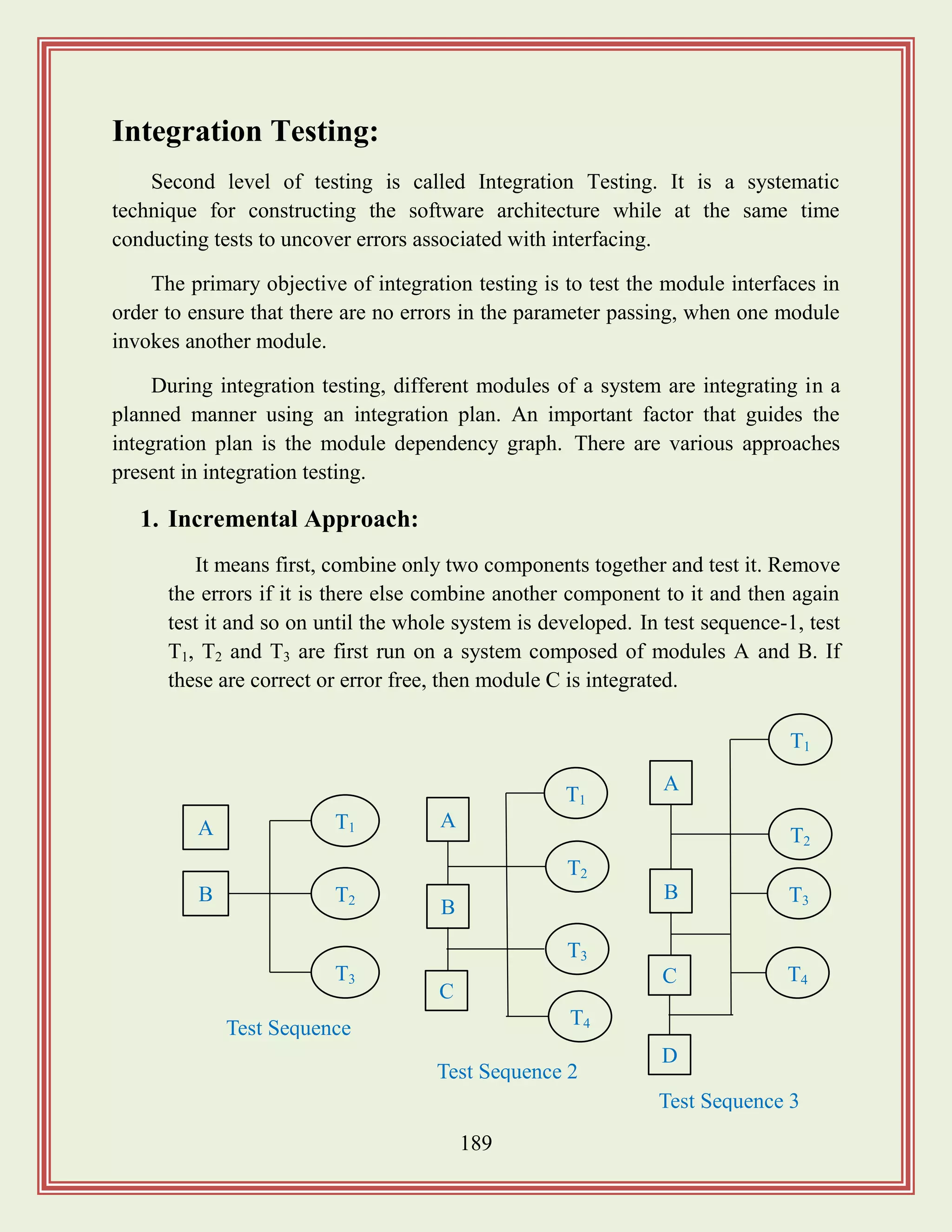 189
Integration Testing:
Second level of testing is called Integration Testing. It is a systematic
technique for constructing the software architecture while at the same time
conducting tests to uncover errors associated with interfacing.
The primary objective of integration testing is to test the module interfaces in
order to ensure that there are no errors in the parameter passing, when one module
invokes another module.
During integration testing, different modules of a system are integrating in a
planned manner using an integration plan. An important factor that guides the
integration plan is the module dependency graph. There are various approaches
present in integration testing.
1. Incremental Approach:
It means first, combine only two components together and test it. Remove
the errors if it is there else combine another component to it and then again
test it and so on until the whole system is developed. In test sequence-1, test
T1, T2 and T3 are first run on a system composed of modules A and B. If
these are correct or error free, then module C is integrated.
A
B
T1
T2
T3
Test Sequence
1
A
B
T1
T2
T3
Test Sequence 2
C
T4
A
B
T1
T2
T3
Test Sequence 3
C T4
D
 