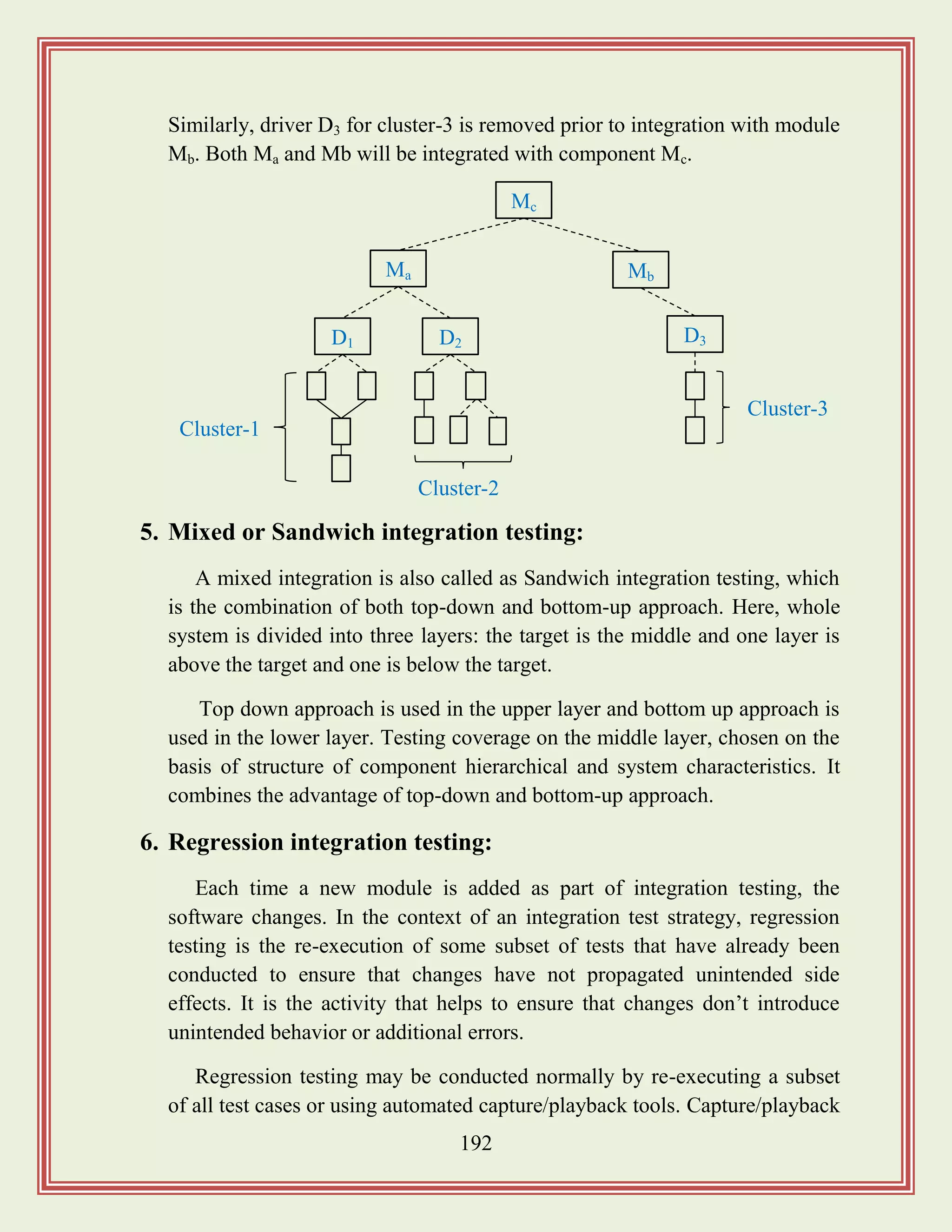 192
Similarly, driver D3 for cluster-3 is removed prior to integration with module
Mb. Both Ma and Mb will be integrated with component Mc.
5. Mixed or Sandwich integration testing:
A mixed integration is also called as Sandwich integration testing, which
is the combination of both top-down and bottom-up approach. Here, whole
system is divided into three layers: the target is the middle and one layer is
above the target and one is below the target.
Top down approach is used in the upper layer and bottom up approach is
used in the lower layer. Testing coverage on the middle layer, chosen on the
basis of structure of component hierarchical and system characteristics. It
combines the advantage of top-down and bottom-up approach.
6. Regression integration testing:
Each time a new module is added as part of integration testing, the
software changes. In the context of an integration test strategy, regression
testing is the re-execution of some subset of tests that have already been
conducted to ensure that changes have not propagated unintended side
effects. It is the activity that helps to ensure that changes don‟t introduce
unintended behavior or additional errors.
Regression testing may be conducted normally by re-executing a subset
of all test cases or using automated capture/playback tools. Capture/playback
Mc
Ma Mb
D2D1 D3
Cluster-1
Cluster-3
Cluster-2
 