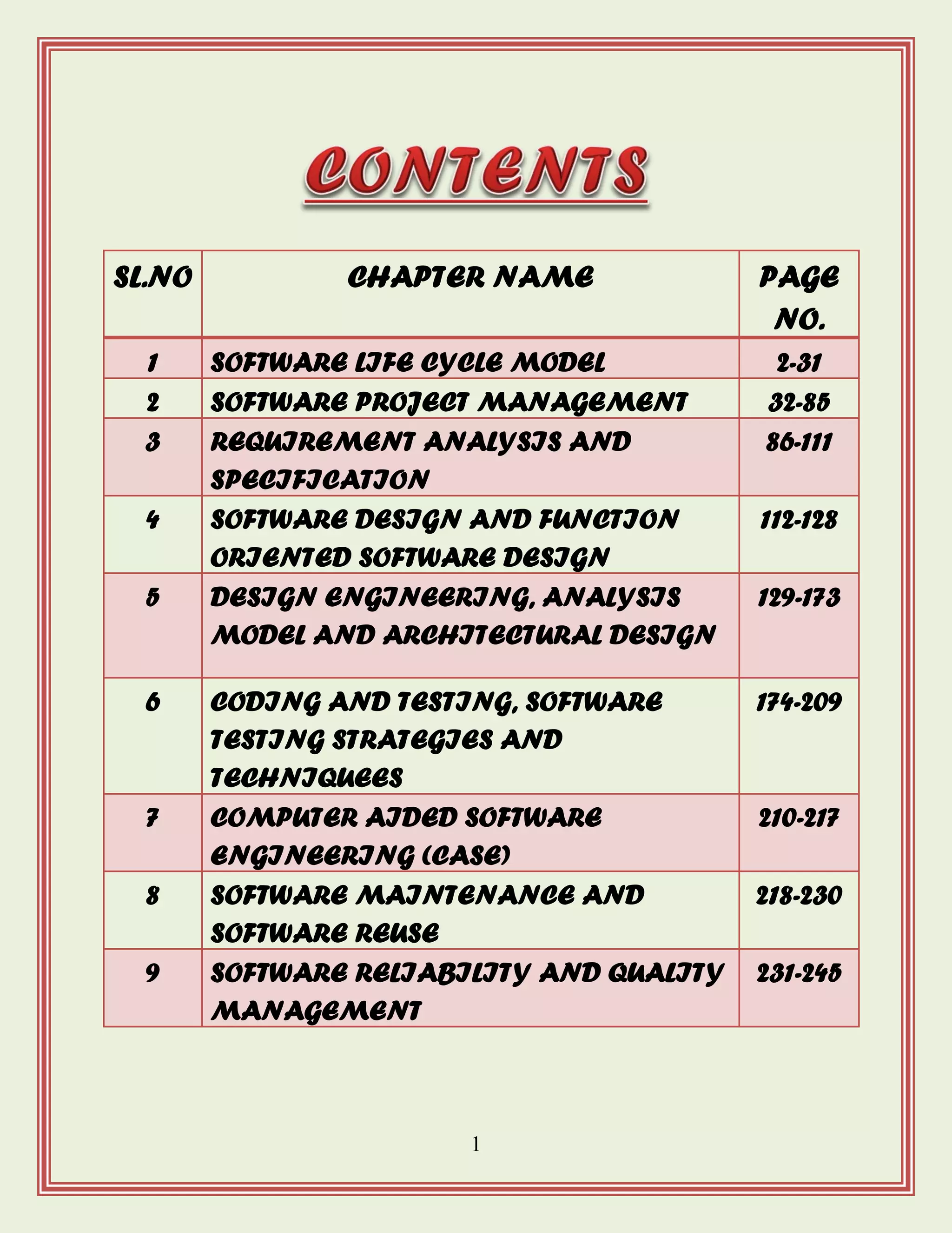 1
SL.NO CHAPTER NAME PAGE
NO.
1 SOFTWARE LIFE CYCLE MODEL 2-31
2 SOFTWARE PROJECT MANAGEMENT 32-85
3 REQUIREMENT ANALYSIS AND
SPECIFICATION
86-111
4 SOFTWARE DESIGN AND FUNCTION
ORIENTED SOFTWARE DESIGN
112-128
5 DESIGN ENGINEERING, ANALYSIS
MODEL AND ARCHITECTURAL DESIGN
129-173
6 CODING AND TESTING, SOFTWARE
TESTING STRATEGIES AND
TECHNIQUEES
174-209
7 COMPUTER AIDED SOFTWARE
ENGINEERING (CASE)
210-217
8 SOFTWARE MAINTENANCE AND
SOFTWARE REUSE
218-230
9 SOFTWARE RELIABILITY AND QUALITY
MANAGEMENT
231-245
 