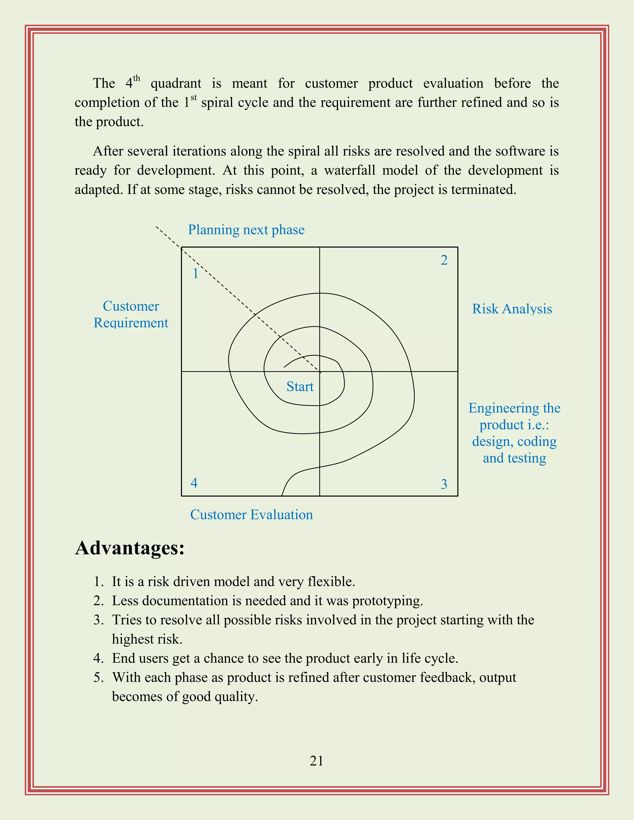 21
The 4th
quadrant is meant for customer product evaluation before the
completion of the 1st
spiral cycle and the requirement are further refined and so is
the product.
After several iterations along the spiral all risks are resolved and the software is
ready for development. At this point, a waterfall model of the development is
adapted. If at some stage, risks cannot be resolved, the project is terminated.
Advantages:
1. It is a risk driven model and very flexible.
2. Less documentation is needed and it was prototyping.
3. Tries to resolve all possible risks involved in the project starting with the
highest risk.
4. End users get a chance to see the product early in life cycle.
5. With each phase as product is refined after customer feedback, output
becomes of good quality.
Planning next phase
Customer
Requirement
Risk Analysis
Customer Evaluation
Engineering the
product i.e.:
design, coding
and testing
1
2
4 3
Start
 