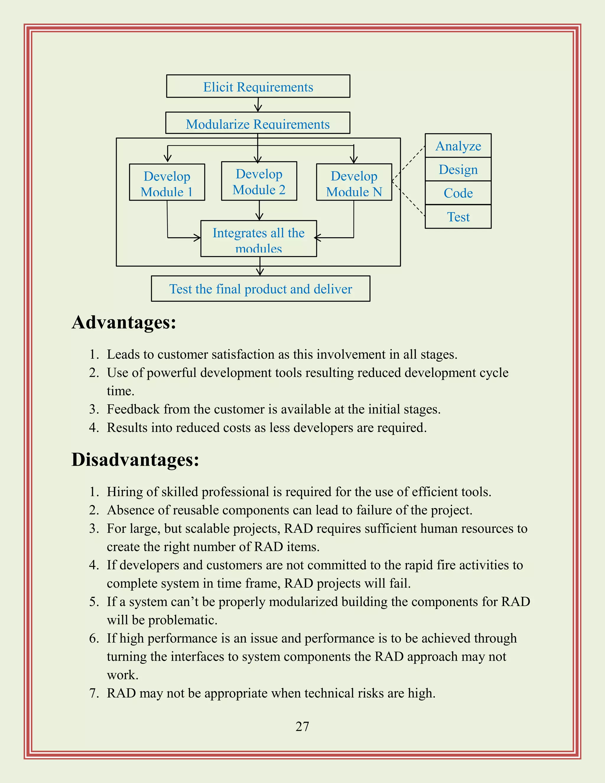 27
Advantages:
1. Leads to customer satisfaction as this involvement in all stages.
2. Use of powerful development tools resulting reduced development cycle
time.
3. Feedback from the customer is available at the initial stages.
4. Results into reduced costs as less developers are required.
Disadvantages:
1. Hiring of skilled professional is required for the use of efficient tools.
2. Absence of reusable components can lead to failure of the project.
3. For large, but scalable projects, RAD requires sufficient human resources to
create the right number of RAD items.
4. If developers and customers are not committed to the rapid fire activities to
complete system in time frame, RAD projects will fail.
5. If a system can‟t be properly modularized building the components for RAD
will be problematic.
6. If high performance is an issue and performance is to be achieved through
turning the interfaces to system components the RAD approach may not
work.
7. RAD may not be appropriate when technical risks are high.
Integrates all the
modules
Elicit Requirements
Develop
Module 1
Test the final product and deliver
Modularize Requirements
Analyze
Develop
Module 2
Develop
Module N
Test
Code
Design
 