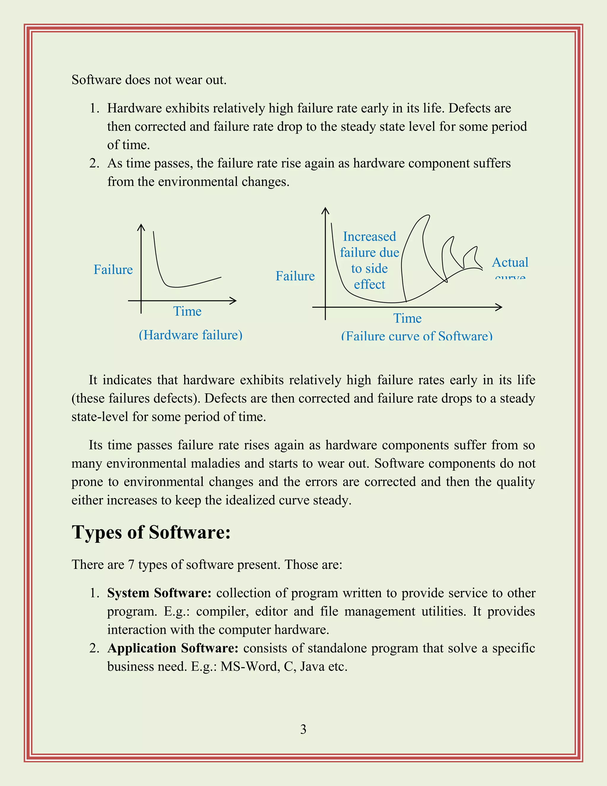 3
Software does not wear out.
1. Hardware exhibits relatively high failure rate early in its life. Defects are
then corrected and failure rate drop to the steady state level for some period
of time.
2. As time passes, the failure rate rise again as hardware component suffers
from the environmental changes.
It indicates that hardware exhibits relatively high failure rates early in its life
(these failures defects). Defects are then corrected and failure rate drops to a steady
state-level for some period of time.
Its time passes failure rate rises again as hardware components suffer from so
many environmental maladies and starts to wear out. Software components do not
prone to environmental changes and the errors are corrected and then the quality
either increases to keep the idealized curve steady.
Types of Software:
There are 7 types of software present. Those are:
1. System Software: collection of program written to provide service to other
program. E.g.: compiler, editor and file management utilities. It provides
interaction with the computer hardware.
2. Application Software: consists of standalone program that solve a specific
business need. E.g.: MS-Word, C, Java etc.
Failure
Time
(Hardware failure)
Failure
Time
(Failure curve of Software)
Actual
curve
Increased
failure due
to side
effect
 