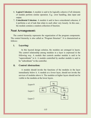 115
6. Logical Cohesion: A module is said to be logically cohesive if all elements
of module perform similar operation. E.g.: error handling, data input and
output.
7. Coincidental Cohesion: A module it said to have coincidental cohesion, if
it performs a set of task that relate to each other very loosely. In this case ,
the module contains a random collection of function.
Neat Arrangement:
The control hierarchy represents the organization of the program components.
The control hierarchy is also called as “Program Structure”. It is characterized as
follows:
i. Layering:
In this layered design solution, the modules are arranged in layers.
The control relationship among modules in a layer is expressed in the
following way. A module that controls another module is said to be
“superordinate” to it. A module controlled by another module is said to
be “subordinate” to the controller.
ii. Control Abstraction:
A module should invoke the functions of the modules in the layer
immediately below it. A module at a lower layer, should not invoke the
services of modules above it. The modules at higher layers should not be
visible to the modules at the lower layers.
M1
M3M2 M4
M5
Layer 0
Layer 2
Layer 1
 