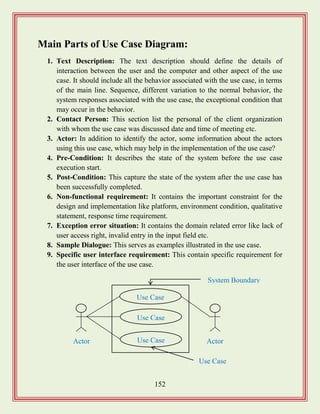 152
Main Parts of Use Case Diagram:
1. Text Description: The text description should define the details of
interaction between the user and the computer and other aspect of the use
case. It should include all the behavior associated with the use case, in terms
of the main line. Sequence, different variation to the normal behavior, the
system responses associated with the use case, the exceptional condition that
may occur in the behavior.
2. Contact Person: This section list the personal of the client organization
with whom the use case was discussed date and time of meeting etc.
3. Actor: In addition to identify the actor, some information about the actors
using this use case, which may help in the implementation of the use case?
4. Pre-Condition: It describes the state of the system before the use case
execution start.
5. Post-Condition: This capture the state of the system after the use case has
been successfully completed.
6. Non-functional requirement: It contains the important constraint for the
design and implementation like platform, environment condition, qualitative
statement, response time requirement.
7. Exception error situation: It contains the domain related error like lack of
user access right, invalid entry in the input field etc.
8. Sample Dialogue: This serves as examples illustrated in the use case.
9. Specific user interface requirement: This contain specific requirement for
the user interface of the use case.
Use Case
Use Case
Use Case ActorActor
Use Case
System Boundary
 