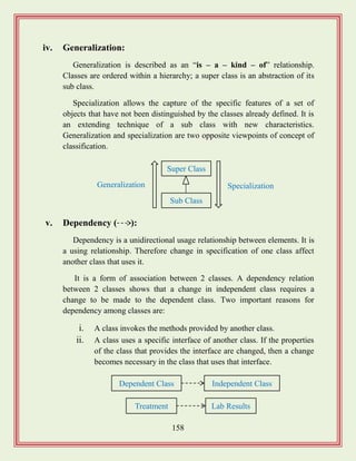 158
iv. Generalization:
Generalization is described as an “is – a – kind – of” relationship.
Classes are ordered within a hierarchy; a super class is an abstraction of its
sub class.
Specialization allows the capture of the specific features of a set of
objects that have not been distinguished by the classes already defined. It is
an extending technique of a sub class with new characteristics.
Generalization and specialization are two opposite viewpoints of concept of
classification.
v. Dependency ( ):
Dependency is a unidirectional usage relationship between elements. It is
a using relationship. Therefore change in specification of one class affect
another class that uses it.
It is a form of association between 2 classes. A dependency relation
between 2 classes shows that a change in independent class requires a
change to be made to the dependent class. Two important reasons for
dependency among classes are:
i. A class invokes the methods provided by another class.
ii. A class uses a specific interface of another class. If the properties
of the class that provides the interface are changed, then a change
becomes necessary in the class that uses that interface.
Super Class
Sub Class
Generalization Specialization
Dependent Class Independent Class
Treatment Lab Results
 
