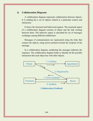 164
ii. Collaboration Diagram:
A collaboration diagram represents collaboration between objects.
It is nothing but a set of objects related in a particular context and
interaction.
It shows the structural and behavioral aspects. The structural aspect
of a collaboration diagram consists of object and the link existing
between them. The behavior aspect is described by set of messages
exchanges among different collaborator.
Messages of communication are represented along the links that
connect the objects, using arrows pointed towards the recipient of the
message.
In a collaboration diagram, numbering the messages indicates the
sequence. The collaboration diagram helps to identify all the possible
interaction that each object has with other objects.
Patient Appointment
DoctorTreatment
1: Confirms
2: Diagnosed by
3: Gives treatment
4: feedback
Collaboration Feedback
 