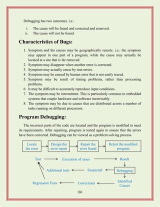181
Debugging has two outcomes. i.e.:
i. The cause will be found and corrected and removed.
ii. The cause will not be found.
Characteristics of Bugs:
1. Symptom and the causes may be geographically remote. i.e.: the symptom
may appear in one part of a program, while the cause may actually be
located at a site that is far removed.
2. Symptom may disappear when another error is corrected.
3. Symptom may actually cause by non-errors.
4. Symptom may be caused by human error that is not easily traced.
5. Symptom may be result of timing problems, rather than processing
problems.
6. It may be difficult to accurately reproduce input conditions.
7. The symptom may be intermittent. This is particularly common in embedded
systems that couple hardware and software inextricably.
8. The symptom may be due to causes that are distributed across a number of
tasks running on different processors.
Program Debugging:
The incorrect parts of the code are located and the program is modified to meet
its requirements. After repairing, program is tested again to ensure that the errors
have been corrected. Debugging can be viewed as a problem solving process.
Locate
the error
Design the
error repair
Repair the
error found
Retest the modified
program
Debugging
Test
cases
Suspected
Causes
Additional tests
Corrections
Result
s
Regression Tests
Execution of cases
Identified
Causes
 