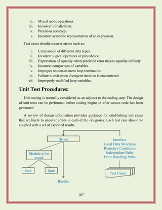 187
ii. Mixed mode operations.
iii. Incorrect initialization.
iv. Precision accuracy.
v. Incorrect symbolic representation of an expression.
Test cases should uncover errors such as:
i. Comparison of different data types.
ii. Incorrect logical operators or precedence.
iii. Expectation of equality when precision error makes equality unlikely.
iv. Incorrect comparison of variables.
v. Improper on non-existent loop termination.
vi. Failure to exit when divergent iteration is encountered.
vii. Improperly modified loop variables.
Unit Test Procedures:
Unit testing is normally considered as an adjunct to the coding step. The design
of unit tests can be performed before coding begins or after source code has been
generated.
A review of design information provides guidance for establishing test cases
that are likely to uncover errors in each of the categories. Each test case should be
coupled with a set of expected results.
Driver
Module to be
tested
Stub Stub
Interface
Local Data Structures
Boundary Conditions
Independent Paths
Error Handling Paths
Test Cases
Results
 