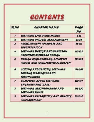 1
SL.NO CHAPTER NAME PAGE
NO.
1 SOFTWARE LIFE CYCLE MODEL 2-31
2 SOFTWARE PROJECT MANAGEMENT 32-85
3 REQUIREMENT ANALYSIS AND
SPECIFICATION
86-111
4 SOFTWARE DESIGN AND FUNCTION
ORIENTED SOFTWARE DESIGN
112-128
5 DESIGN ENGINEERING, ANALYSIS
MODEL AND ARCHITECTURAL DESIGN
129-173
6 CODING AND TESTING, SOFTWARE
TESTING STRATEGIES AND
TECHNIQUEES
174-209
7 COMPUTER AIDED SOFTWARE
ENGINEERING (CASE)
210-217
8 SOFTWARE MAINTENANCE AND
SOFTWARE REUSE
218-230
9 SOFTWARE RELIABILITY AND QUALITY
MANAGEMENT
231-245
 