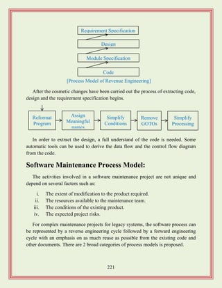 221
After the cosmetic changes have been carried out the process of extracting code,
design and the requirement specification begins.
In order to extract the design, a full understand of the code is needed. Some
automatic tools can be used to derive the data flow and the control flow diagram
from the code.
Software Maintenance Process Model:
The activities involved in a software maintenance project are not unique and
depend on several factors such as:
i. The extent of modification to the product required.
ii. The resources available to the maintenance team.
iii. The conditions of the existing product.
iv. The expected project risks.
For complex maintenance projects for legacy systems, the software process can
be represented by a reverse engineering cycle followed by a forward engineering
cycle with an emphasis on as much reuse as possible from the existing code and
other documents. There are 2 broad categories of process models is proposed.
Requirement Specification
Design
Module Specification
Code
[Process Model of Revenue Engineering]
Reformat
Program
Assign
Meaningful
names
Simplify
Conditions
Remove
GOTOs
Simplify
Processing
 