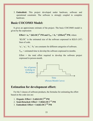53
3. Embedded: This project developed under hardware, software and
operational constraint. The software is strongly coupled to complete
hardware.
Basic COCOMO Model:
It gives an approximate estimate of the project. The basic COCOMO model is
given by the expression:
Effort = a1 * (KLOC)a2
PM and Tdev = b1 * (Effort)b2
PM, where
„KLOC‟ is the estimated size of the software expressed in KILO (103
)
lines of code.
„a1‟, „a2‟, „b1‟, „b2‟ are constants for different categories of software.
Tdev = estimated time to develop the software expressed in months.
Effort = the total effort required to develop the software project
expressed in person-month.
Estimation for development effort:
For the 3 classes of software products, the formulas for estimating the effort
based on the code size are:
1. Organic: Effort = 2.4(KLOC)1.05
PM
2. Semi-Detached: Effort = 3.0(KLOC)1.12
PM
3. Embedded: Effort = 3.6(KLOC)1.20
PM
Time
No. of person
working on
the project
(Person-Month Curve)
 