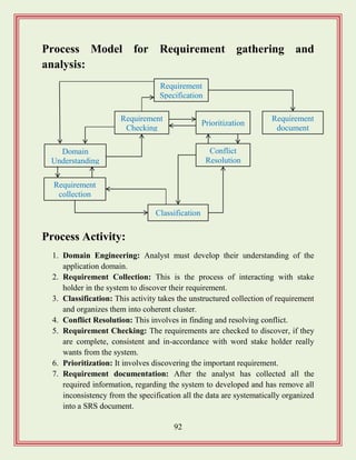 92
Process Model for Requirement gathering and
analysis:
Process Activity:
1. Domain Engineering: Analyst must develop their understanding of the
application domain.
2. Requirement Collection: This is the process of interacting with stake
holder in the system to discover their requirement.
3. Classification: This activity takes the unstructured collection of requirement
and organizes them into coherent cluster.
4. Conflict Resolution: This involves in finding and resolving conflict.
5. Requirement Checking: The requirements are checked to discover, if they
are complete, consistent and in-accordance with word stake holder really
wants from the system.
6. Prioritization: It involves discovering the important requirement.
7. Requirement documentation: After the analyst has collected all the
required information, regarding the system to developed and has remove all
inconsistency from the specification all the data are systematically organized
into a SRS document.
Classification
Conflict
Resolution
Requirement
collection
Domain
Understanding
Requirement
document
Prioritization
Requirement
Checking
Requirement
Specification
 