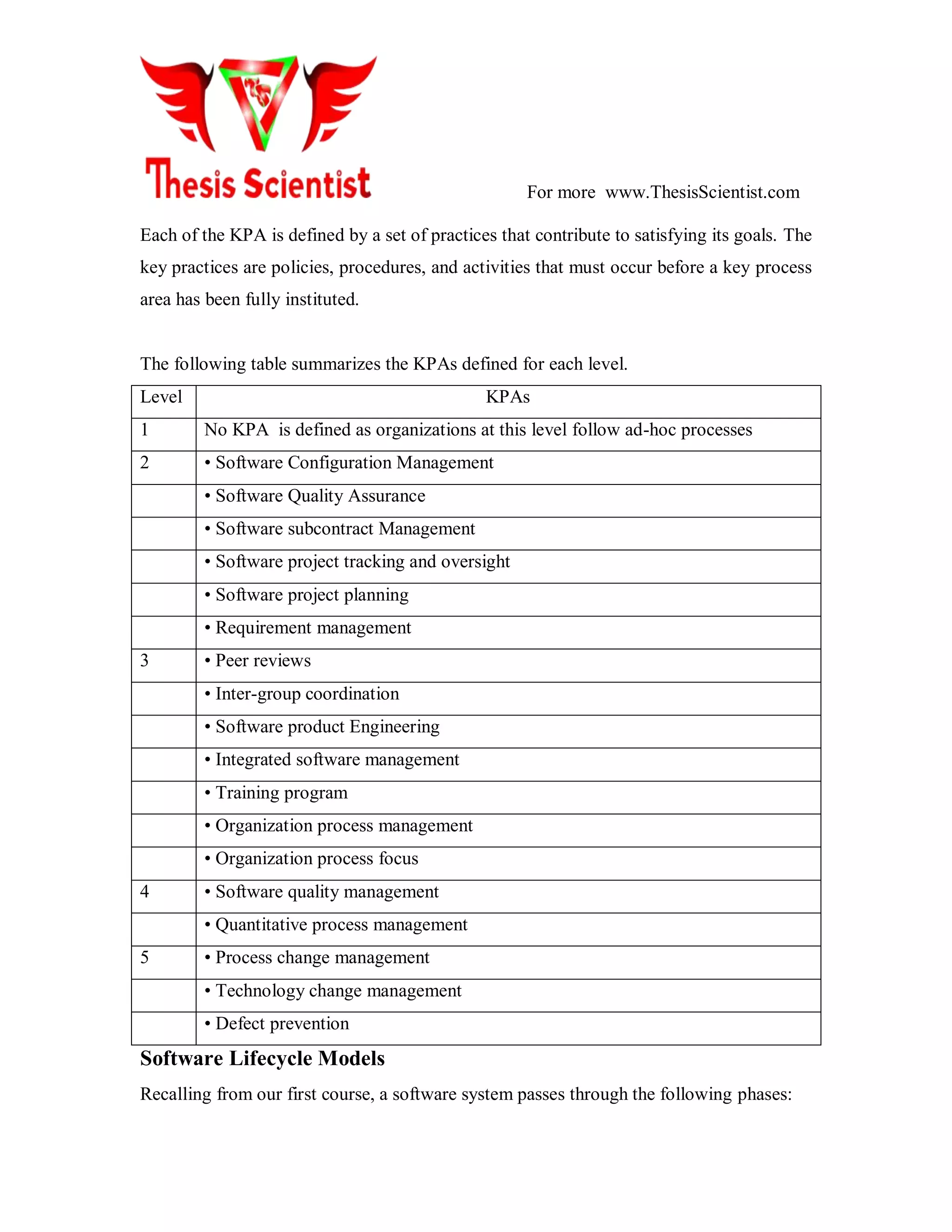 For more www.ThesisScientist.com
Each of the KPA is defined by a set of practices that contribute to satisfying its goals. The
key practices are policies, procedures, and activities that must occur before a key process
area has been fully instituted.
The following table summarizes the KPAs defined for each level.
Level KPAs
1 No KPA is defined as organizations at this level follow ad-hoc processes
2 • Software Configuration Management
• Software Quality Assurance
• Software subcontract Management
• Software project tracking and oversight
• Software project planning
• Requirement management
3 • Peer reviews
• Inter-group coordination
• Software product Engineering
• Integrated software management
• Training program
• Organization process management
• Organization process focus
4 • Software quality management
• Quantitative process management
5 • Process change management
• Technology change management
• Defect prevention
Software Lifecycle Models
Recalling from our first course, a software system passes through the following phases:
 