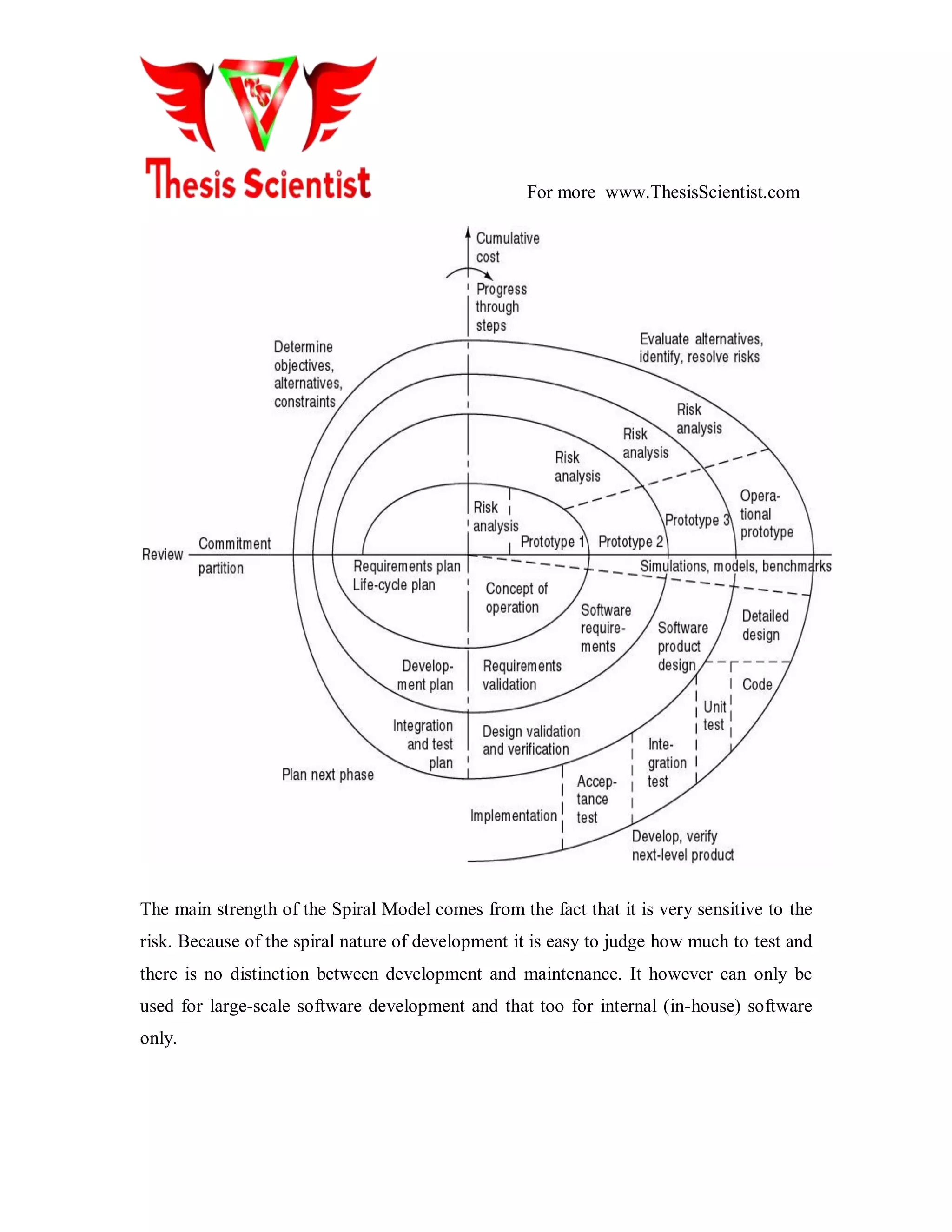 For more www.ThesisScientist.com
The main strength of the Spiral Model comes from the fact that it is very sensitive to the
risk. Because of the spiral nature of development it is easy to judge how much to test and
there is no distinction between development and maintenance. It however can only be
used for large-scale software development and that too for internal (in-house) software
only.
 