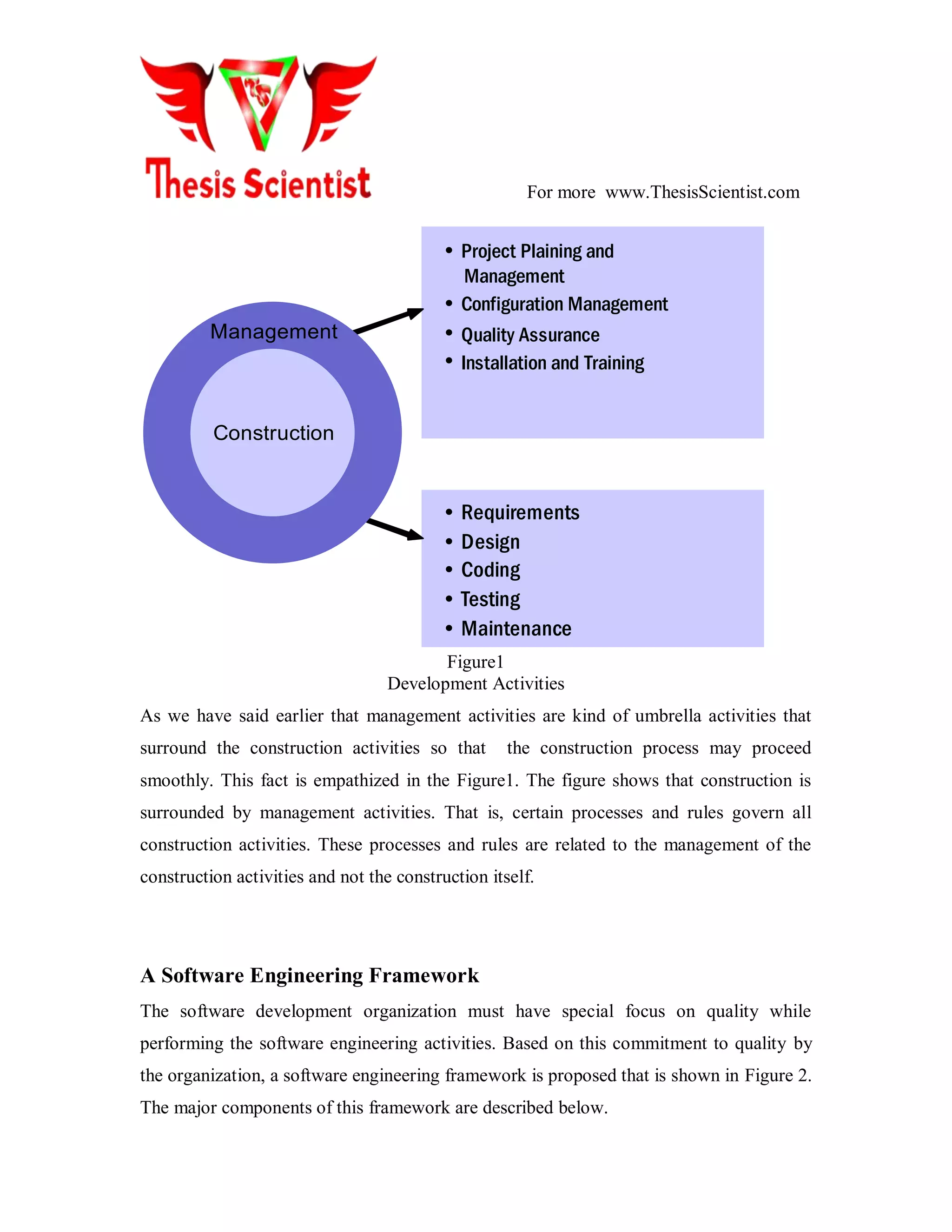 For more www.ThesisScientist.com
•
•
•
•
Project Plaining and
Management
Configuration Management
Quality Assurance
Installation and Training
Management
Construction
• Requirements
• Design
• Coding
• Testing
• Maintenance
Figure1
Development Activities
As we have said earlier that management activities are kind of umbrella activities that
surround the construction activities so that the construction process may proceed
smoothly. This fact is empathized in the Figure1. The figure shows that construction is
surrounded by management activities. That is, certain processes and rules govern all
construction activities. These processes and rules are related to the management of the
construction activities and not the construction itself.
A Software Engineering Framework
The software development organization must have special focus on quality while
performing the software engineering activities. Based on this commitment to quality by
the organization, a software engineering framework is proposed that is shown in Figure 2.
The major components of this framework are described below.
 