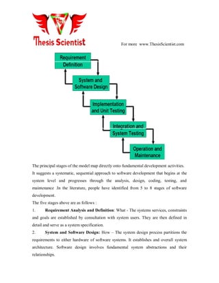 For more www.ThesisScientist.com
The principal stages of the model map directly onto fundamental development activities.
It suggests a systematic, sequential approach to software development that begins at the
system level and progresses through the analysis, design, coding, testing, and
maintenance .In the literature, people have identified from 5 to 8 stages of software
development.
The five stages above are as follows :
1. Requirement Analysis and Definition: What - The systems services, constraints
and goals are established by consultation with system users. They are then defined in
detail and serve as a system specification.
2. System and Software Design: How – The system design process partitions the
requirements to either hardware of software systems. It establishes and overall system
architecture. Software design involves fundamental system abstractions and their
relationships.
 