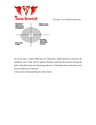 For more www.ThesisScientist.com
As can be seen, a Spiral Model has two dimensions. Radial dimension represents the
cumulative cost to date and the angular dimension represents the progress through the
spiral. Each phase begins by determining objectives of that phase and at each phase a new
process model may be followed.
A full version of the Spiral Model is shown below :
 