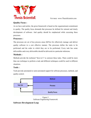 For more www.ThesisScientist.com
Quality Focus :
As we have said earlier, the given framework is based on the organizational commitment
to quality. The quality focus demands that processes be defined for rational and timely
development of software. And quality should be emphasized while executing these
processes.
Processes :
The processes are set of key process areas (KPAs) for effectively manage and deliver
quality software in a cost effective manner. The processes define the tasks to be
performed and the order in which they are to be performed. Every task has some
deliverables and every deliverable should be delivered at a particular milestone.
Methods :
Methods provide the technical ―how-to’s‖ to carryout these tasks. There could be more
than one technique to perform a task and different techniques could be used in different
situations.
Tools :
Tools provide automated or semi-automated support for software processes, methods, and
quality control.
Method
Process
Quality Focus
Task Set
T
O
O
L
S
Figure 2
Software Engineering Framework
Software Development Loop
 