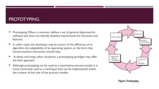 PROTOTYPING
 Prototyping: Often, a customer defines a set of general objectives for
software but does not identify detailed requirements for functions and
features.
 In other cases, the developer may be unsure of the efficiency of an
algorithm, the adaptability of an operating system, or the form that
human-machine interaction should take.
 In these, and many other situations, a prototyping paradigm may offer
the best approach.
 Although prototyping can be used as a stand-alone process model, it is
more commonly used as a technique that can be implemented within
the context of any one of the process models.
 