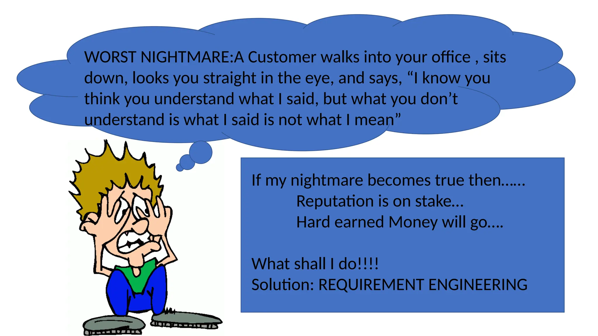 WORST NIGHTMARE:A Customer walks into your office , sits
down, looks you straight in the eye, and says, “I know you
think you understand what I said, but what you don’t
understand is what I said is not what I mean”
If my nightmare becomes true then……
Reputation is on stake…
Hard earned Money will go….
What shall I do!!!!
Solution: REQUIREMENT ENGINEERING
 