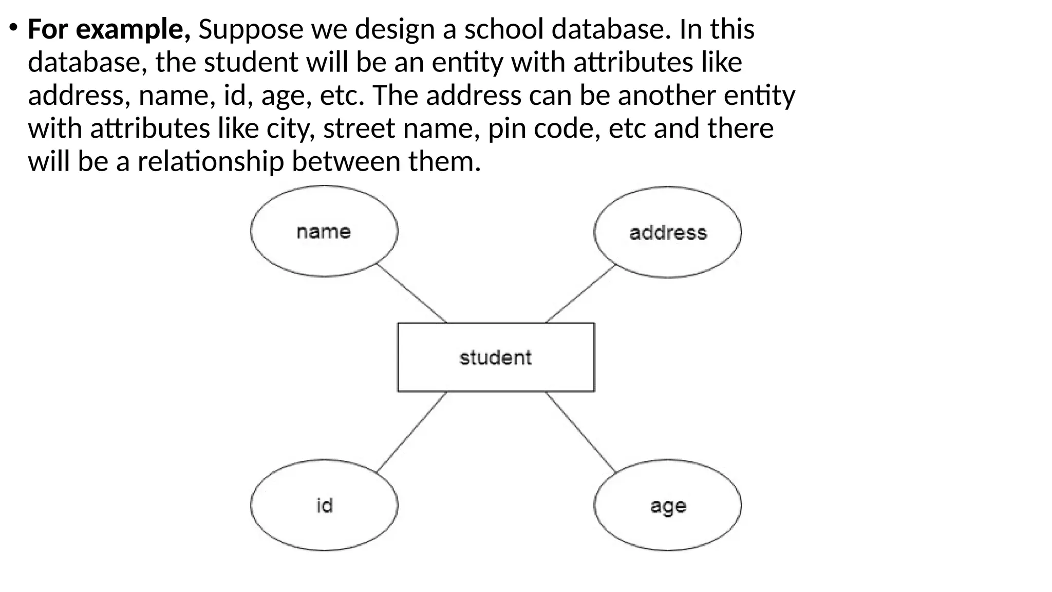 • For example, Suppose we design a school database. In this
database, the student will be an entity with attributes like
address, name, id, age, etc. The address can be another entity
with attributes like city, street name, pin code, etc and there
will be a relationship between them.
 