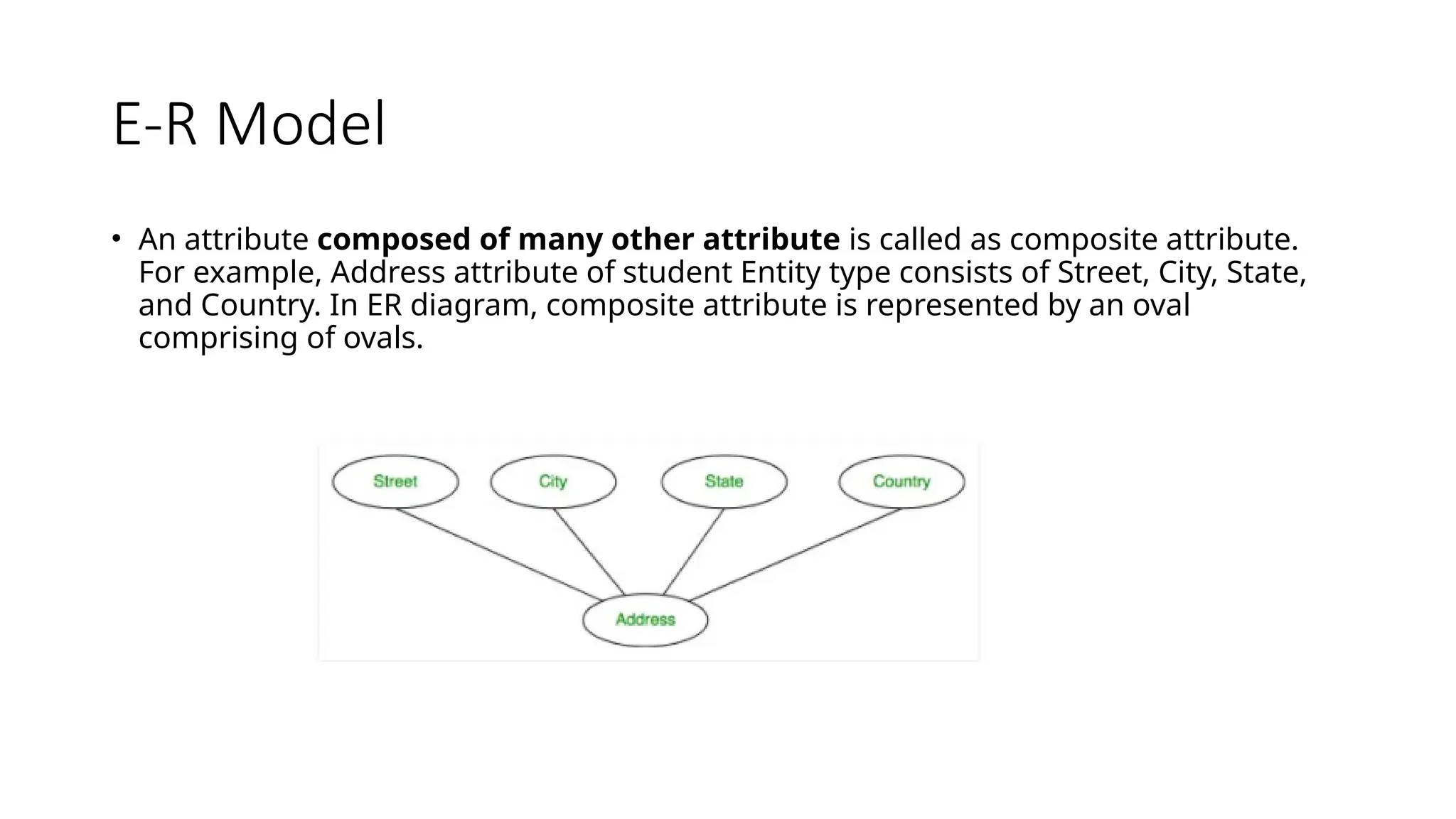 E-R Model
• An attribute composed of many other attribute is called as composite attribute.
For example, Address attribute of student Entity type consists of Street, City, State,
and Country. In ER diagram, composite attribute is represented by an oval
comprising of ovals.
 