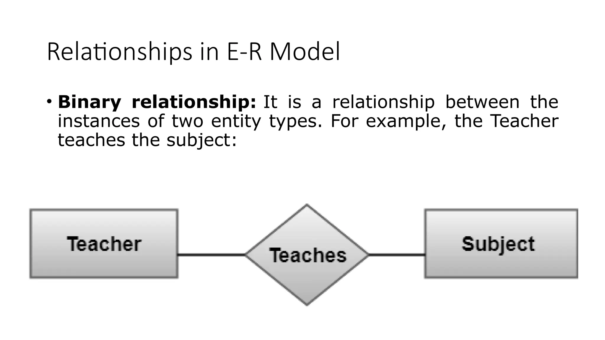 Relationships in E-R Model
• Binary relationship: It is a relationship between the
instances of two entity types. For example, the Teacher
teaches the subject:
 