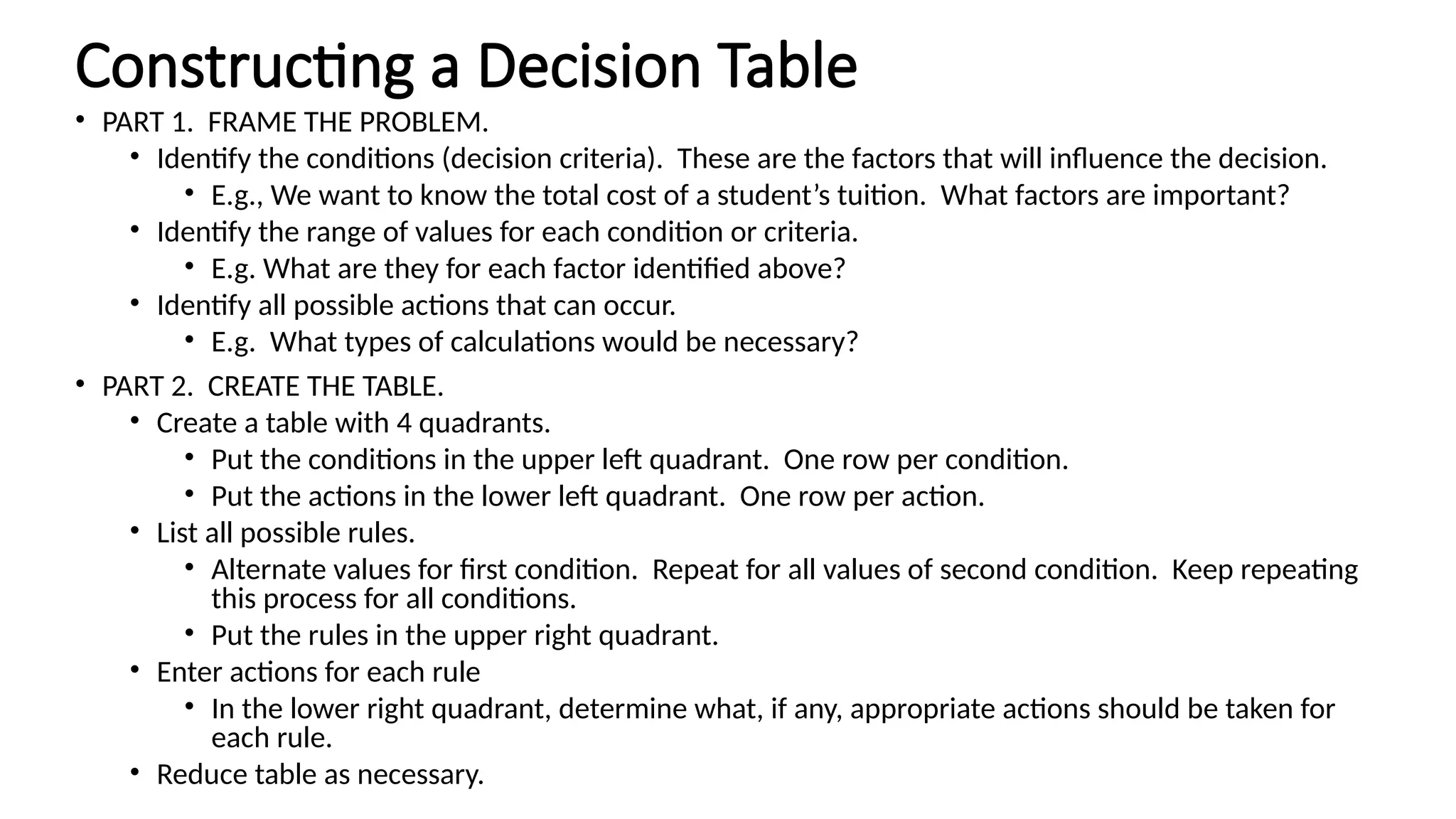 Constructing a Decision Table
• PART 1. FRAME THE PROBLEM.
• Identify the conditions (decision criteria). These are the factors that will influence the decision.
• E.g., We want to know the total cost of a student’s tuition. What factors are important?
• Identify the range of values for each condition or criteria.
• E.g. What are they for each factor identified above?
• Identify all possible actions that can occur.
• E.g. What types of calculations would be necessary?
• PART 2. CREATE THE TABLE.
• Create a table with 4 quadrants.
• Put the conditions in the upper left quadrant. One row per condition.
• Put the actions in the lower left quadrant. One row per action.
• List all possible rules.
• Alternate values for first condition. Repeat for all values of second condition. Keep repeating
this process for all conditions.
• Put the rules in the upper right quadrant.
• Enter actions for each rule
• In the lower right quadrant, determine what, if any, appropriate actions should be taken for
each rule.
• Reduce table as necessary.
 