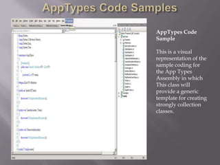 AppTypes Code SamplesAppTypes Code SampleThis is a visual representation of the sample coding for the App Types Assembly in which This class will provide a generic template for creating strongly collection classes.