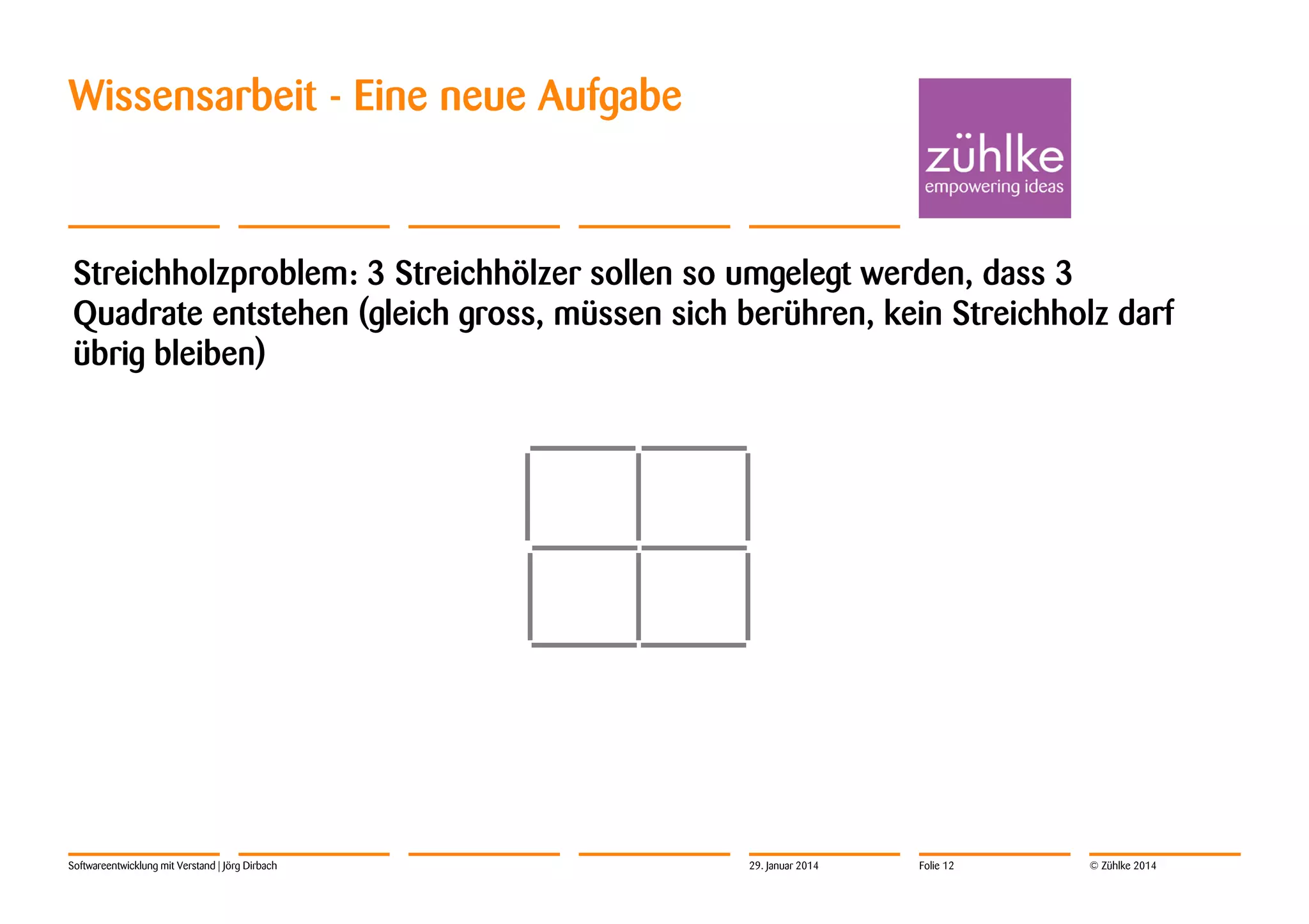 Wissensarbeit - Eine neue Aufgabe

Streichholzproblem: 3 Streichhölzer sollen so umgelegt werden, dass 3
Quadrate entstehen (gleich gross, müssen sich berühren, kein Streichholz darf
übrig bleiben)

Softwareentwicklung mit Verstand | Jörg Dirbach

29. Januar 2014

Folie 12

© Zühlke 2014

 