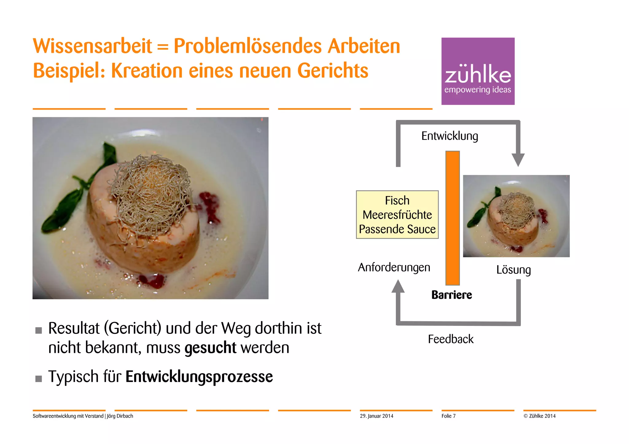 Wissensarbeit = Problemlösendes Arbeiten
Beispiel: Kreation eines neuen Gerichts
Entwicklung

Fisch
Meeresfrüchte
Passende Sauce
Anforderungen

Lösung
Barriere

•

Resultat (Gericht) und der Weg dorthin ist
nicht bekannt, muss gesucht werden

•

Typisch für Entwicklungsprozesse

Softwareentwicklung mit Verstand | Jörg Dirbach

Feedback

29. Januar 2014

Folie 7

© Zühlke 2014

 