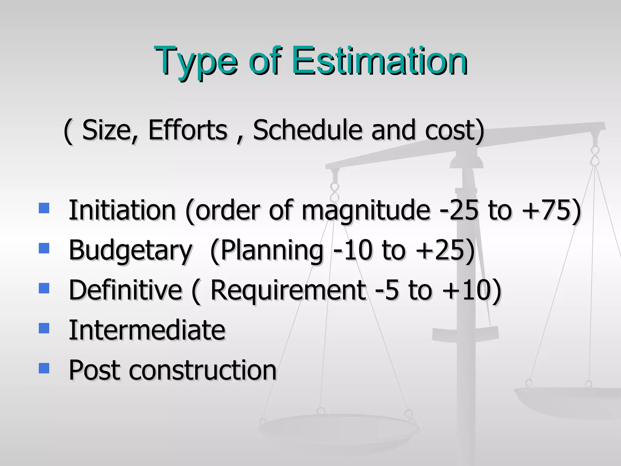 Type of Estimation ( Size, Efforts , Schedule and cost) Initiation (order of magnitude -25 to +75) Budgetary  (Planning -10 to +25) Definitive ( Requirement -5 to +10) Intermediate Post construction 