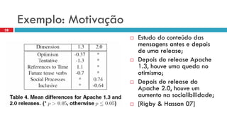Exemplo: Motivação 
Estudodo conteúdodas mensagensantes e depoisde umarelease; 
Depoisdo release Apache 1.3, houveumaquedano otimismo; 
Depoisdo release do Apache 2.0, houveum aumentonasocialibilidade; 
[Rigby & Hassan 07] 
28  
