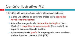 CenárioIlustrativo#2 
Efeitosda arquiteturasobredesenvolvedores 
Como um sistemade software cresceparaacomodarnovasfuncionalidades? 
A análiseintegradade dependênciaslógicas(focotécnico) e requisitosde coordenação(focosocial) dásuportepraestetipode análise 
A visualizaçãode grafofoiempregadaparaanalisarambos Apache LuceneejEdit(IDE) 
99  