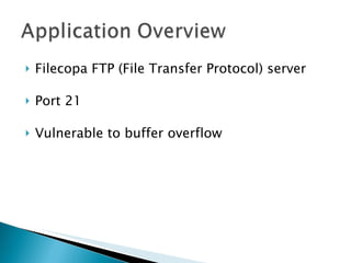 Filecopa FTP (File Transfer Protocol) server Port 21 Vulnerable to buffer overflow 