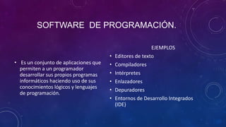 SOFTWARE DE PROGRAMACIÓN.
EJEMPLOS
• Es un conjunto de aplicaciones que
permiten a un programador
desarrollar sus propios programas
informáticos haciendo uso de sus
conocimientos lógicos y lenguajes
de programación.

•
•
•
•
•
•

Editores de texto
Compiladores
Intérpretes
Enlazadores
Depuradores
Entornos de Desarrollo Integrados
(IDE)

 