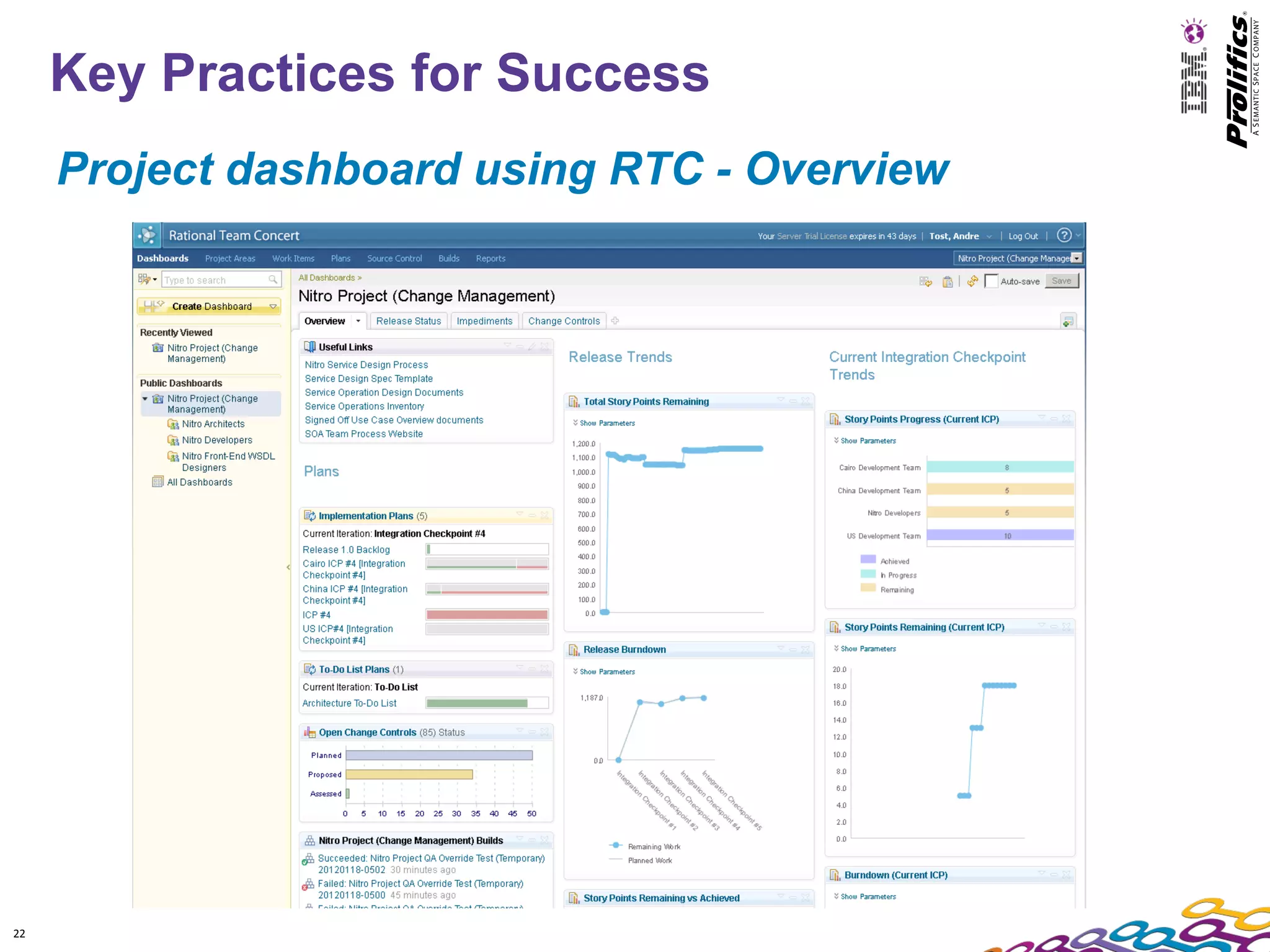 Key Practices for Success
     Project dashboard using RTC - Overview




22
 