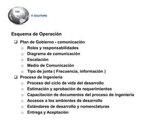 Esquema de Operación
 Plan de Gobierno - comunicación
o Roles y responsabilidades
o Diagrama de comunicación
o Escalación
o Medio de Comunicación
o Tipo de junta ( Frecuencia, información )
 Proceso de Ingeniería
o Proceso del ciclo de vida del desarrollo
o Estimación y aprobación de requerimientos
o Capacitación de documentos del proceso de ingeniería
o Accesos a los ambientes de desarrollo
o Estándares de desarrollo y nomenclaturas
o Entrega y Aceptación
 