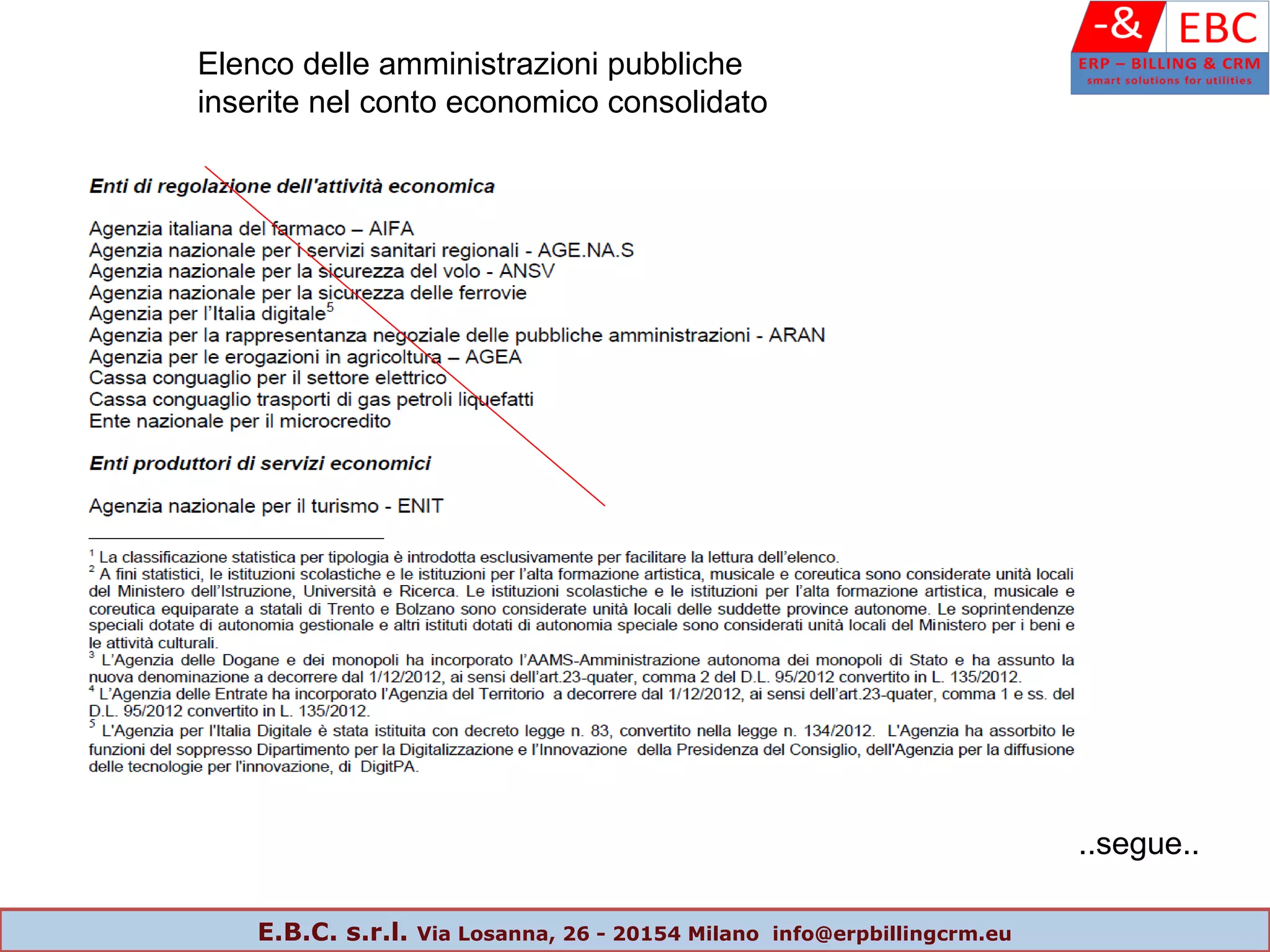 Elenco delle amministrazioni pubbliche
inserite nel conto economico consolidato
..segue..
E.B.C. s.r.l. Via Losanna, 26 - 20154 Milano info@erpbillingcrm.eu
 