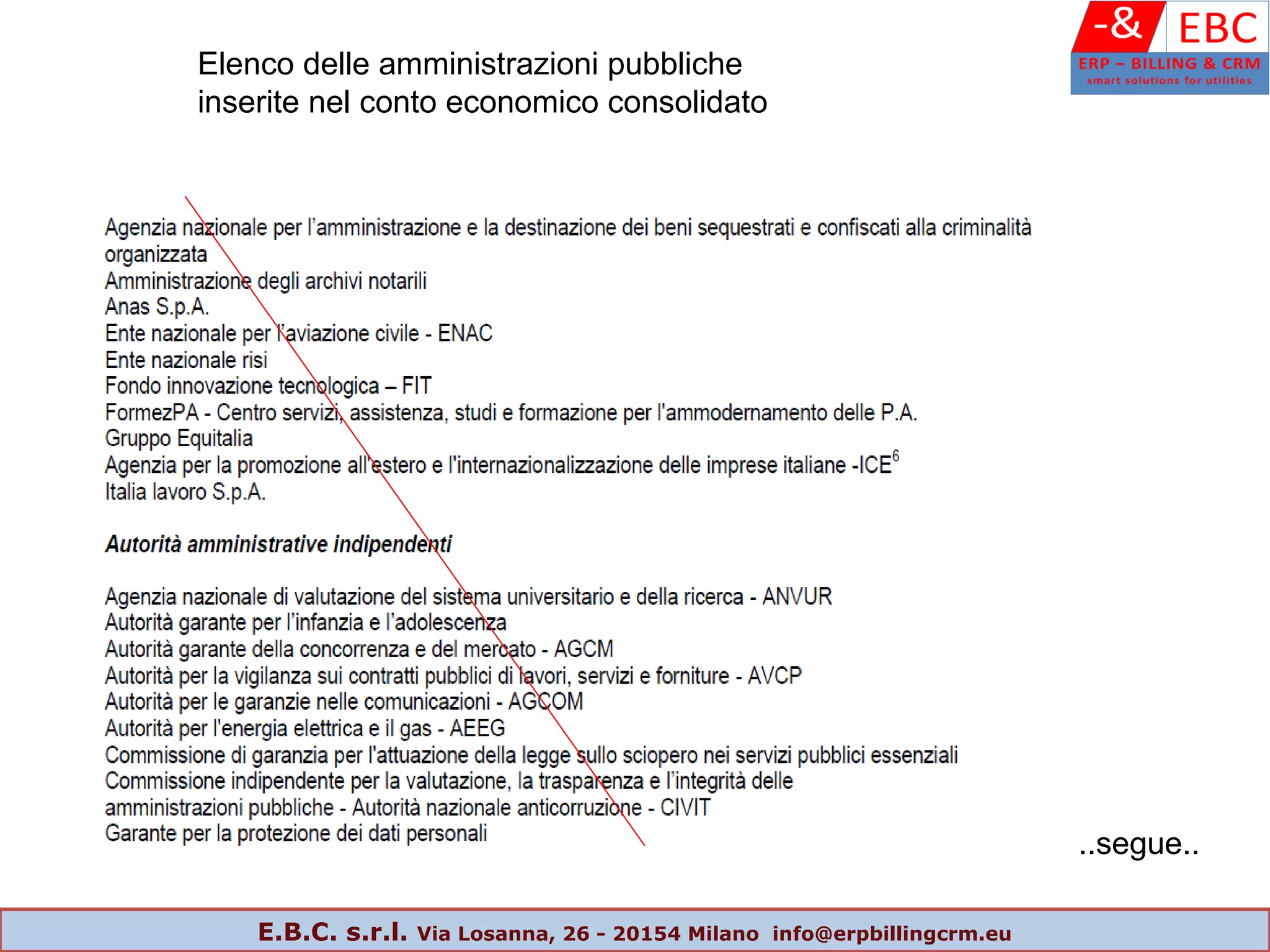 Elenco delle amministrazioni pubbliche
inserite nel conto economico consolidato
..segue..
E.B.C. s.r.l. Via Losanna, 26 - 20154 Milano info@erpbillingcrm.eu
 